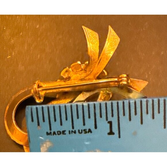 Vintage Jelly Belly Red Rhinestone Bow Brooch Pin Gold-Tone Metal With Multicolo - Picture 8 of 9